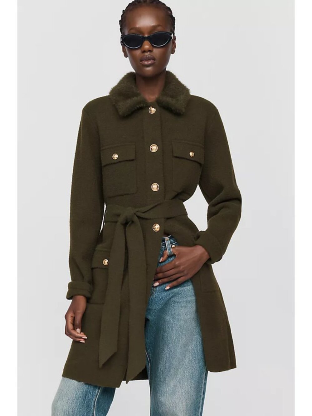 Anthropologie NVLT Military Coatigan Cardigan Olive Green Gold Buttons Belted